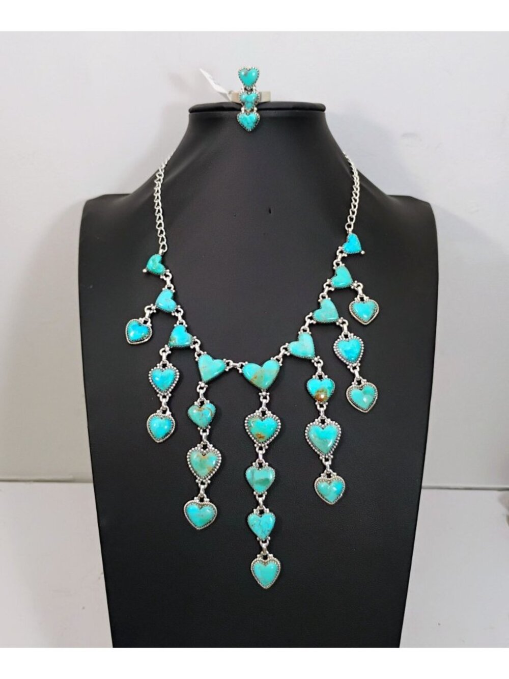 Campitos Turquoise Sterling Silver Heart Bib Necklace & Adjustable Ring Set